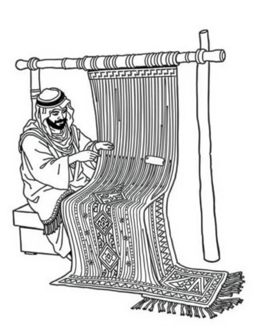 (Saudi Arabia) Artisans weaving a red and black Bedouin carpet (sadu) on a traditional loom.