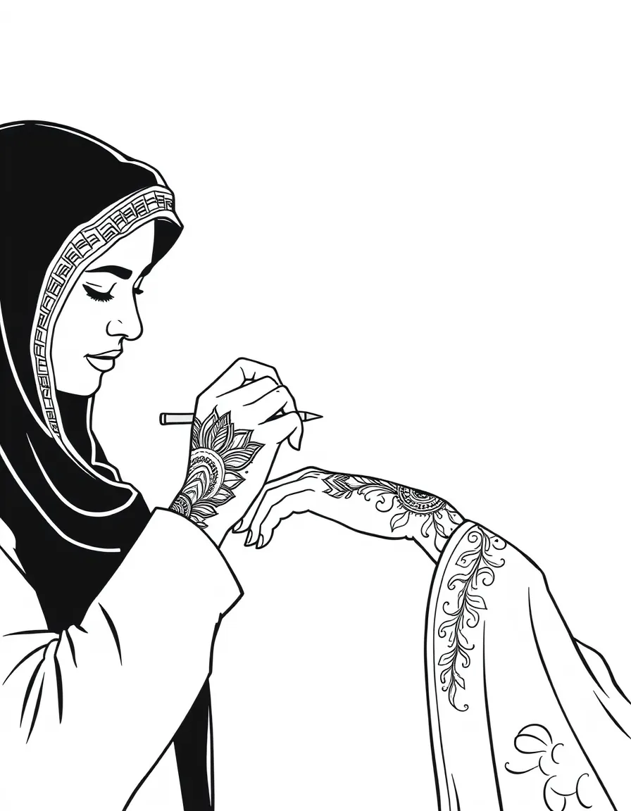 (Saudi Arabia) A woman carefully painting delicate henna patterns onto another woman’s hands.