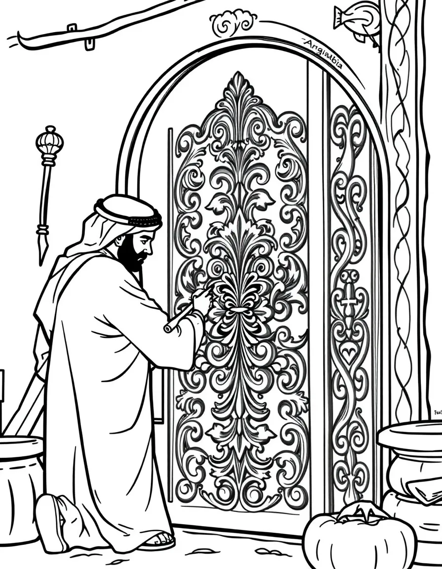 (Saudi Arabia) A woodcarver chiseling an ornate design into a wooden door in a traditional workshop.