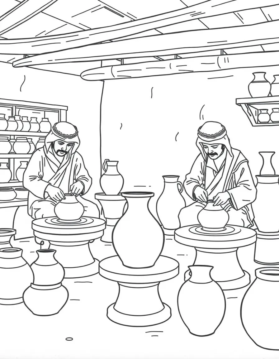 (Saudi Arabia) Potters shaping clay into pots and vases on spinning wheels in a pottery studio.