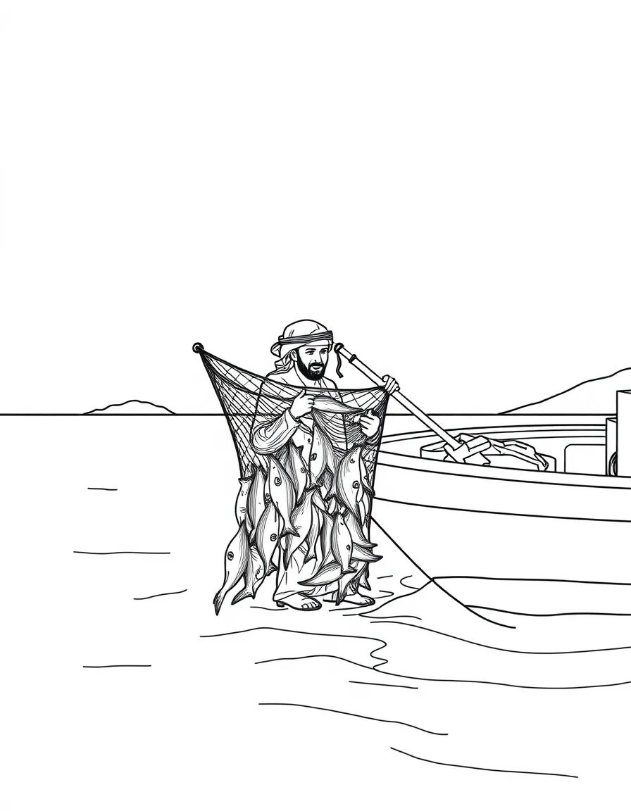 (Saudi Arabia) A fisherman along the Red Sea coast hauling in a net filled with fish onto his boat.
