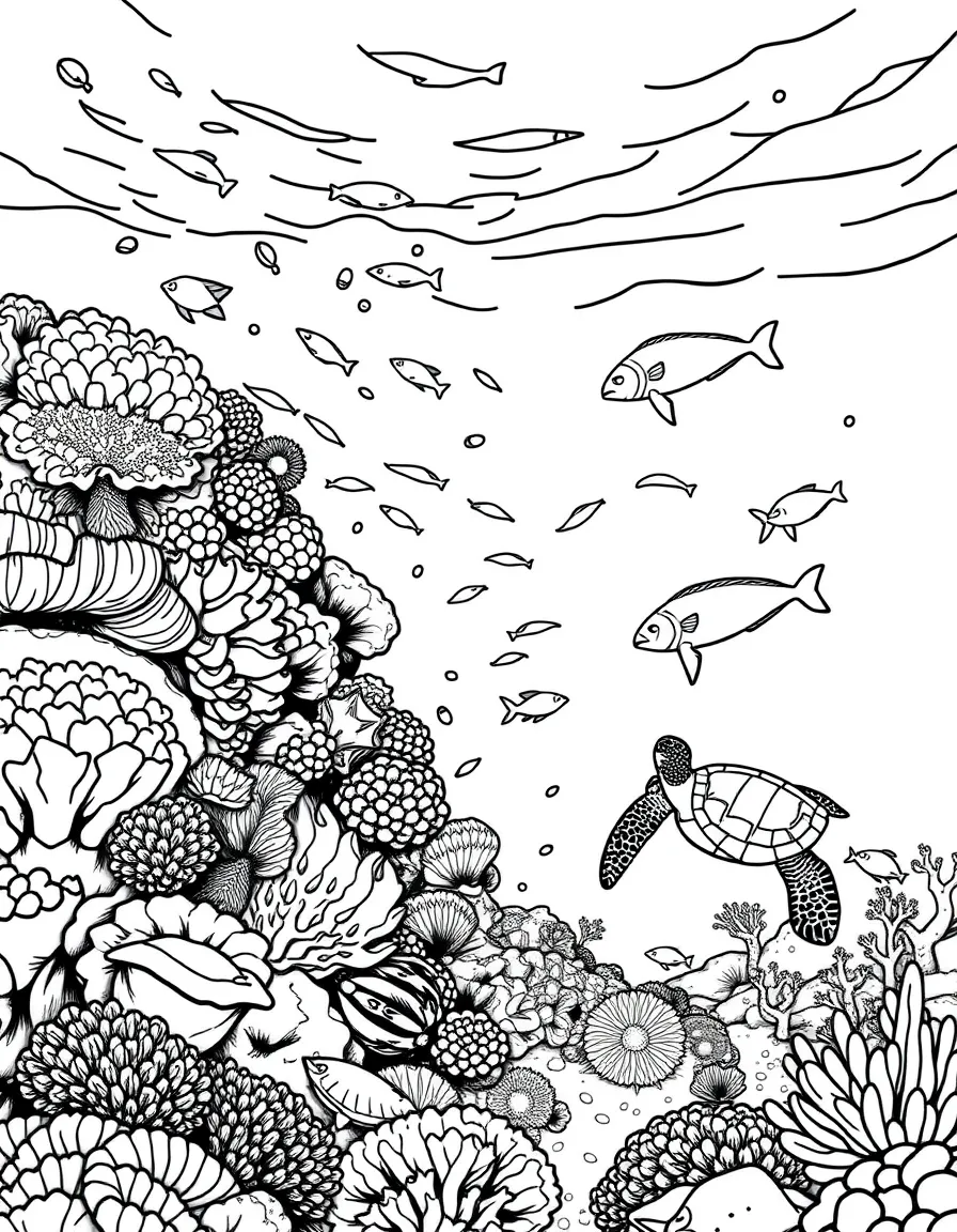 (Saudi Arabia) A vibrant coral reef under the Red Sea with corals, colorful fish, and sea turtles.