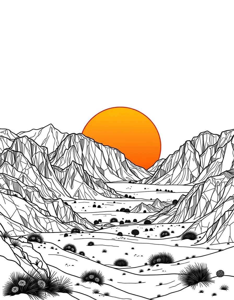 (Saudi Arabia) A breathtaking orange sunset behind rugged mountains in the Arabian desert.