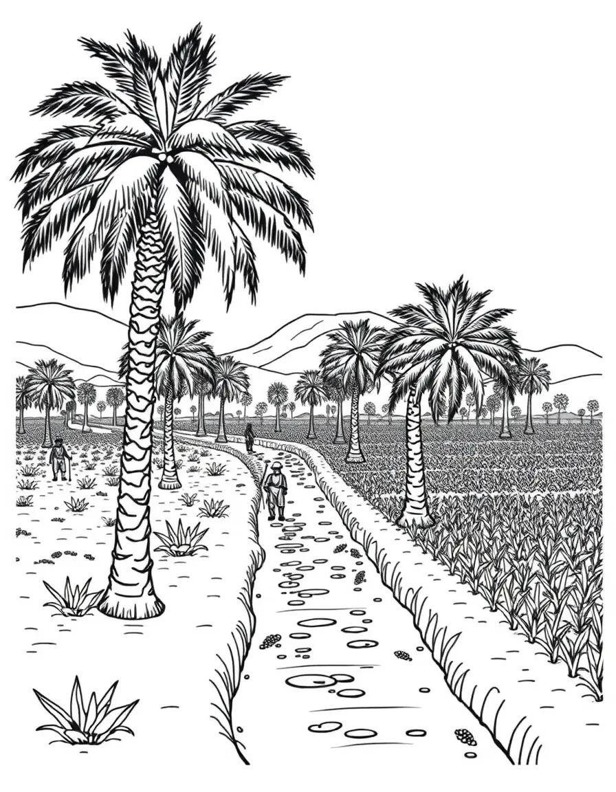 (Saudi Arabia) An oasis farm with palm trees irrigated by ancient channels and farmers tending the crops.