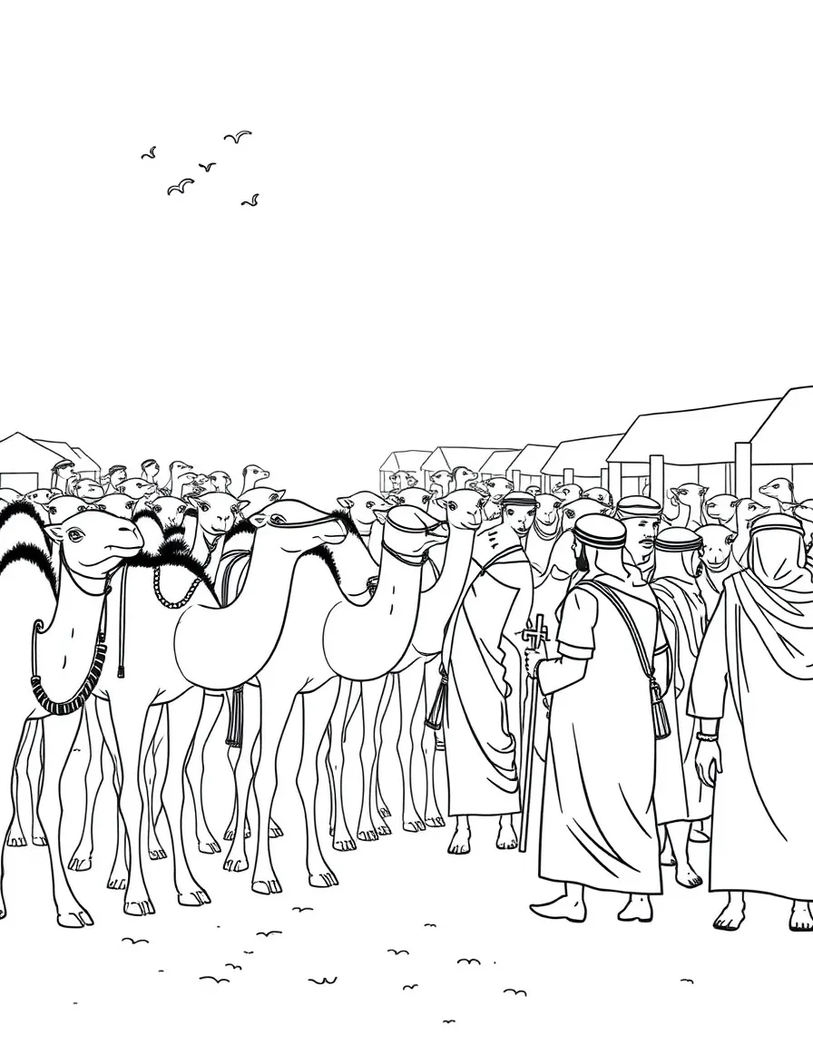 (Saudi Arabia) Traders and herders at a busy camel market, negotiating prices among dozens of camels.