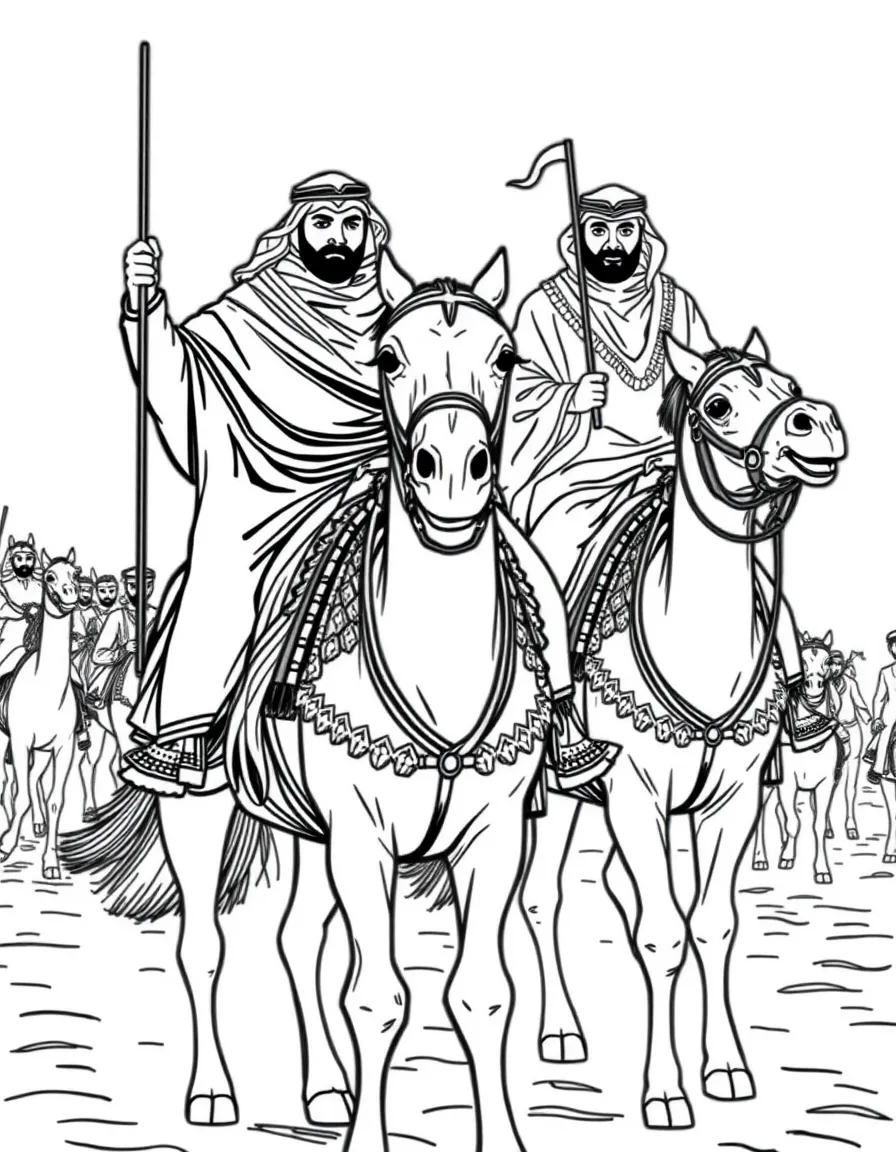 (Saudi Arabia) Riders in a desert festival parade on richly decorated horses and camels.