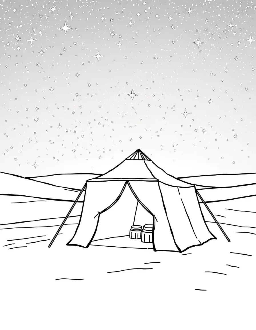(Saudi Arabia) A Bedouin tent set up in the desert at night under a sky filled with sparkling stars.
