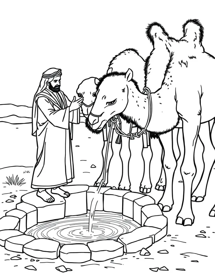 (Saudi Arabia) A camel herder drawing water from a well to give his thirsty camels a drink.