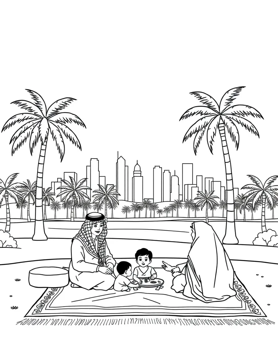 (Saudi Arabia) A family relaxing on a carpet at a park picnic with palm trees and city skyscrapers behind them.