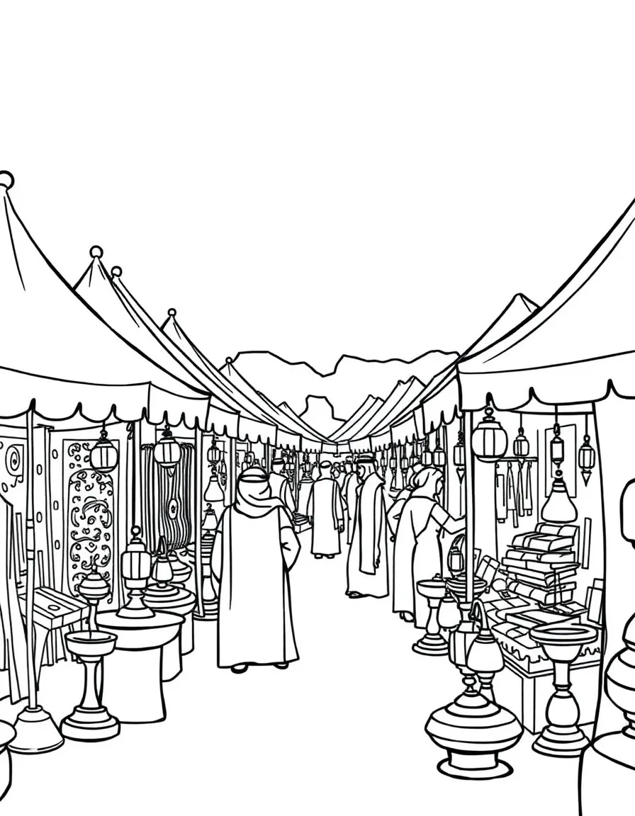 (Saudi Arabia) An open-air souk with tents where merchants sell carpets, brass lamps, and handicrafts.