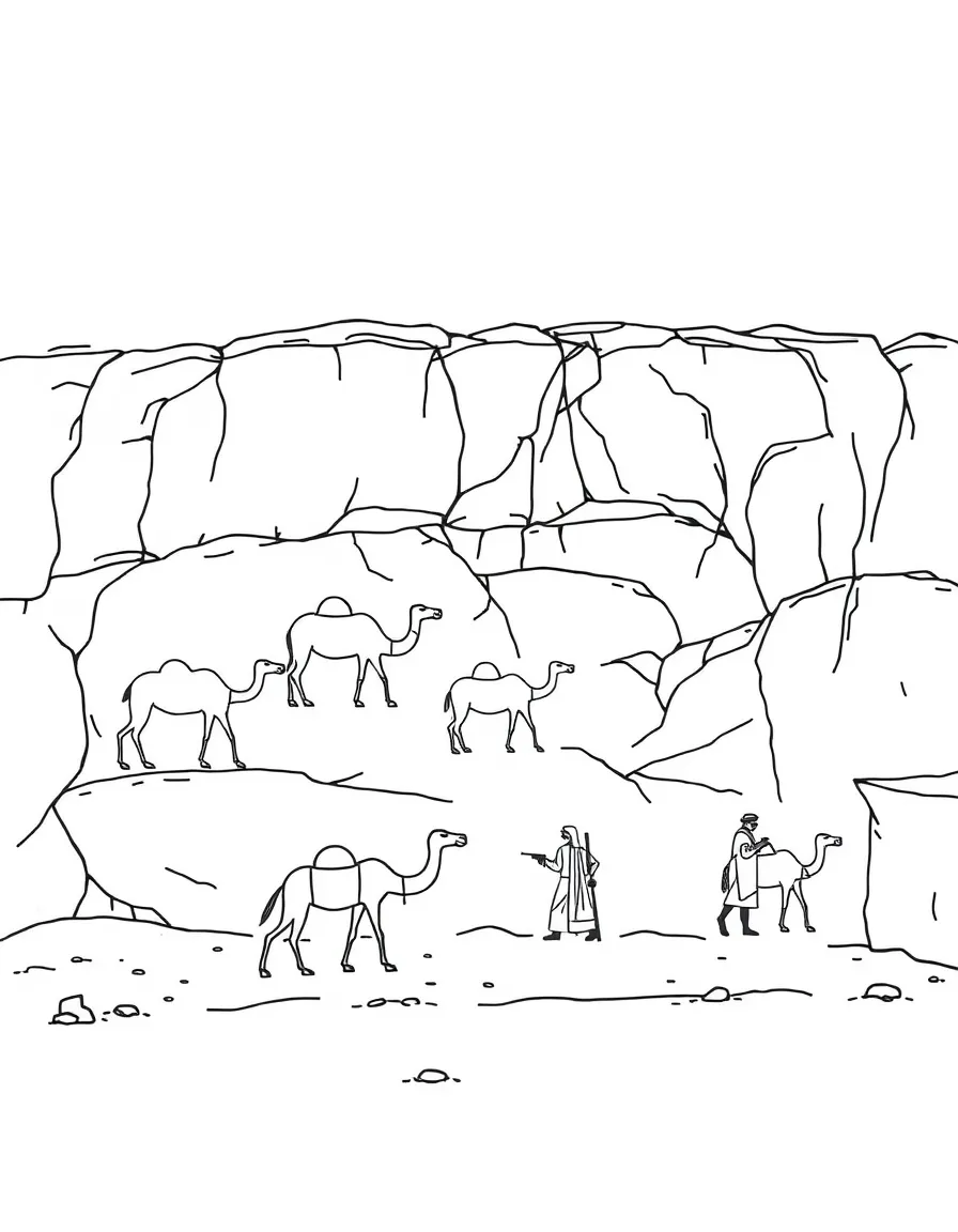 (Saudi Arabia) Ancient petroglyphs (rock carvings) of camels and hunters etched into a desert cliff.