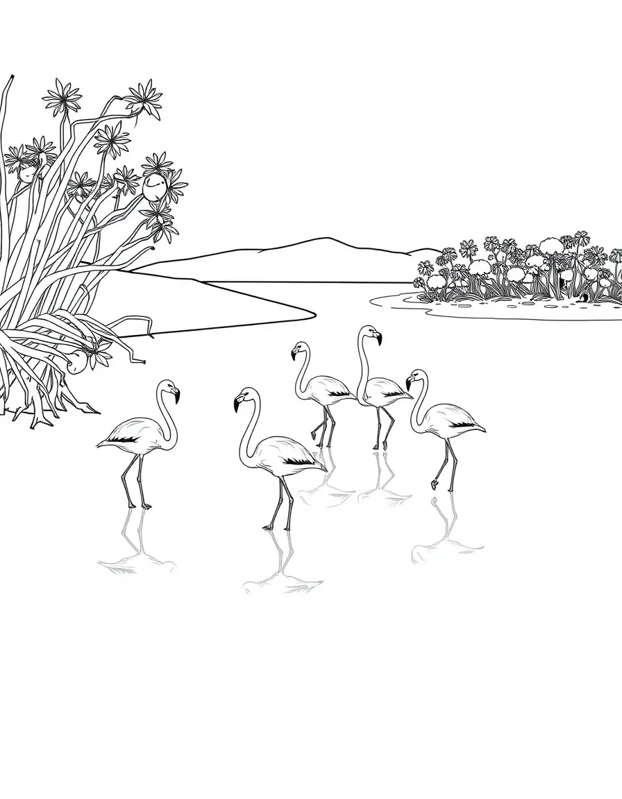 (Saudi Arabia) Pink flamingos wading in a shallow mangrove lagoon on the Red Sea shoreline.