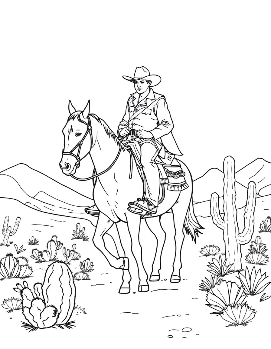 (United States) A cowboy on horseback riding through a desert with cacti