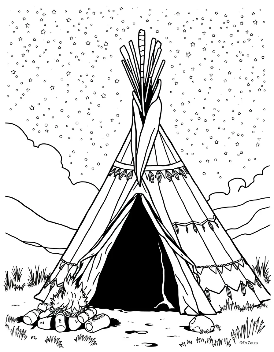 (United States) A Native American teepee camp under a starry night sky