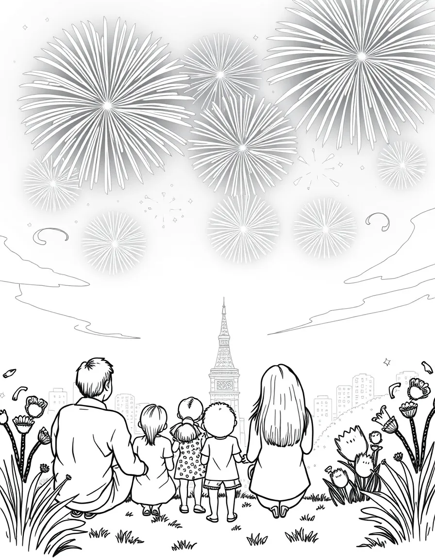 (United States) A family watching Fourth of July fireworks light up the sky