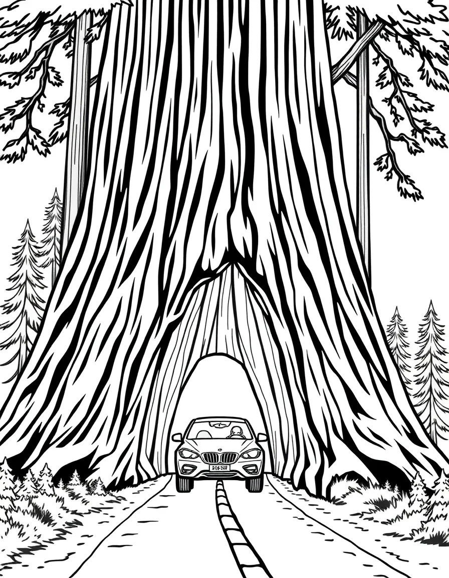 (United States) A giant redwood tree with a car driving through a tunnel in its trunk