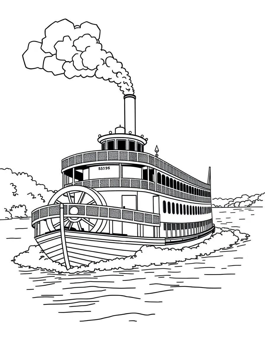 (United States) A Mississippi River paddlewheel steamboat chugging down the water