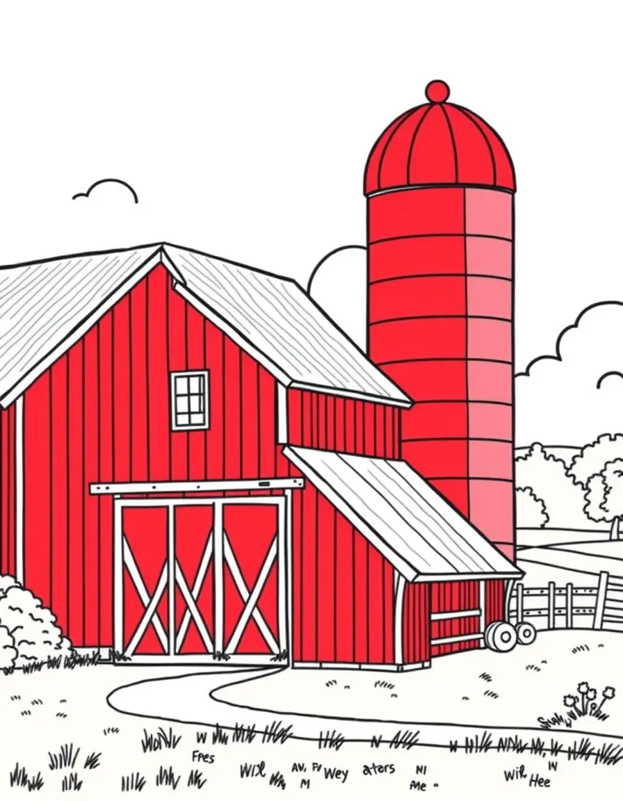 (United States) A farmhouse with a red barn and silo in the countryside