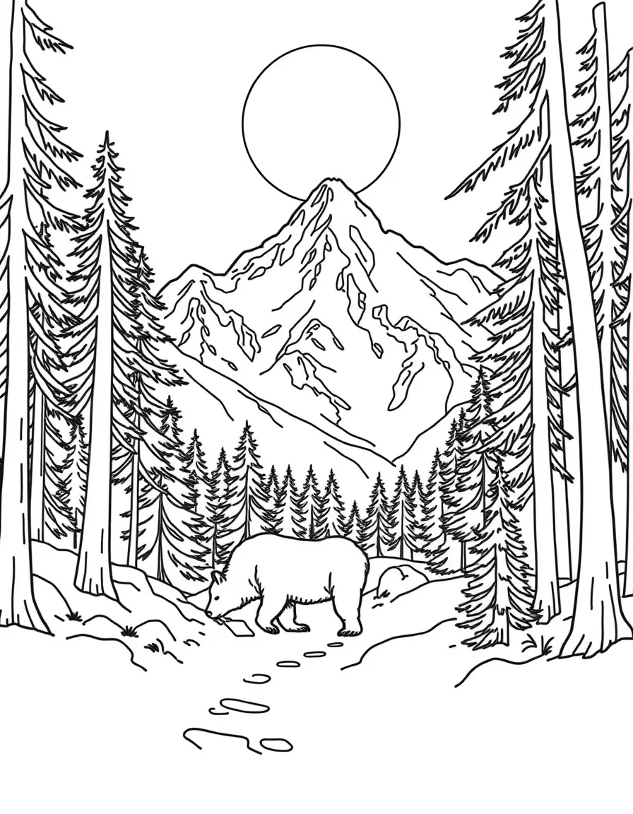 (United States) Snow-capped Rocky Mountains with a bear walking in the forest
