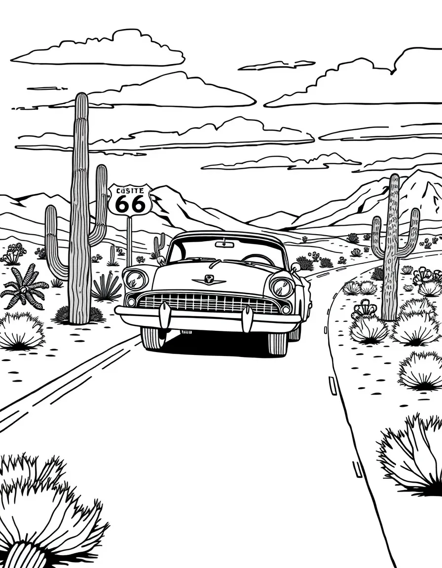 (United States) A classic car driving on Route 66 past desert and cacti