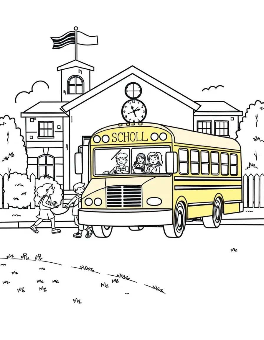 (United States) A yellow school bus picking up children in front of a school