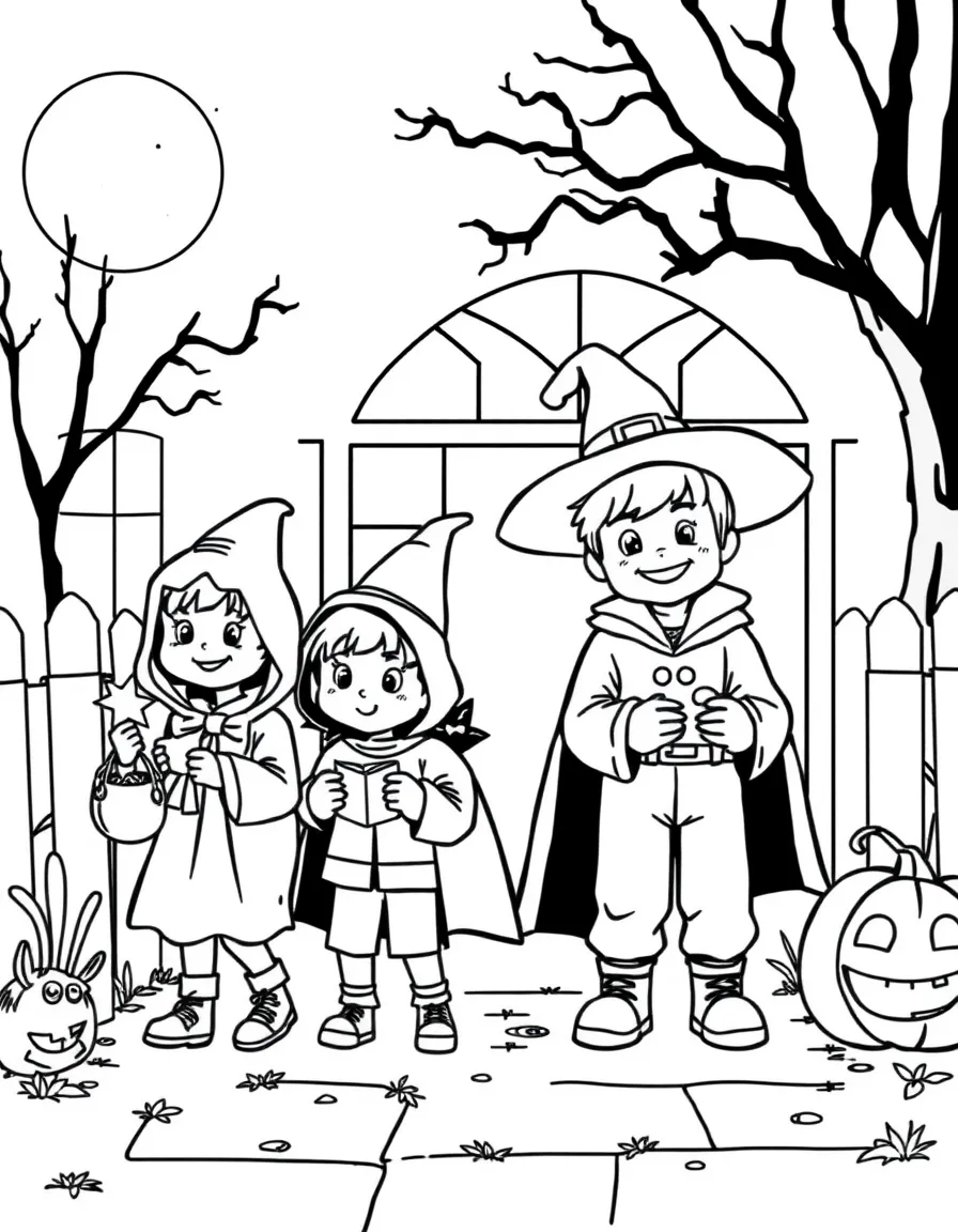 (United States) Children trick-or-treating in costumes on Halloween night