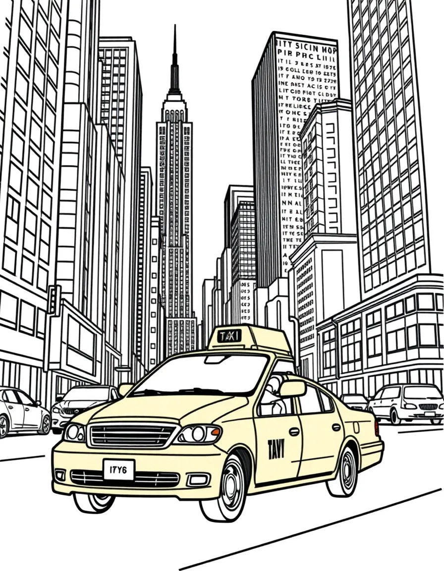 (United States) A New York City yellow taxi cab driving by skyscrapers