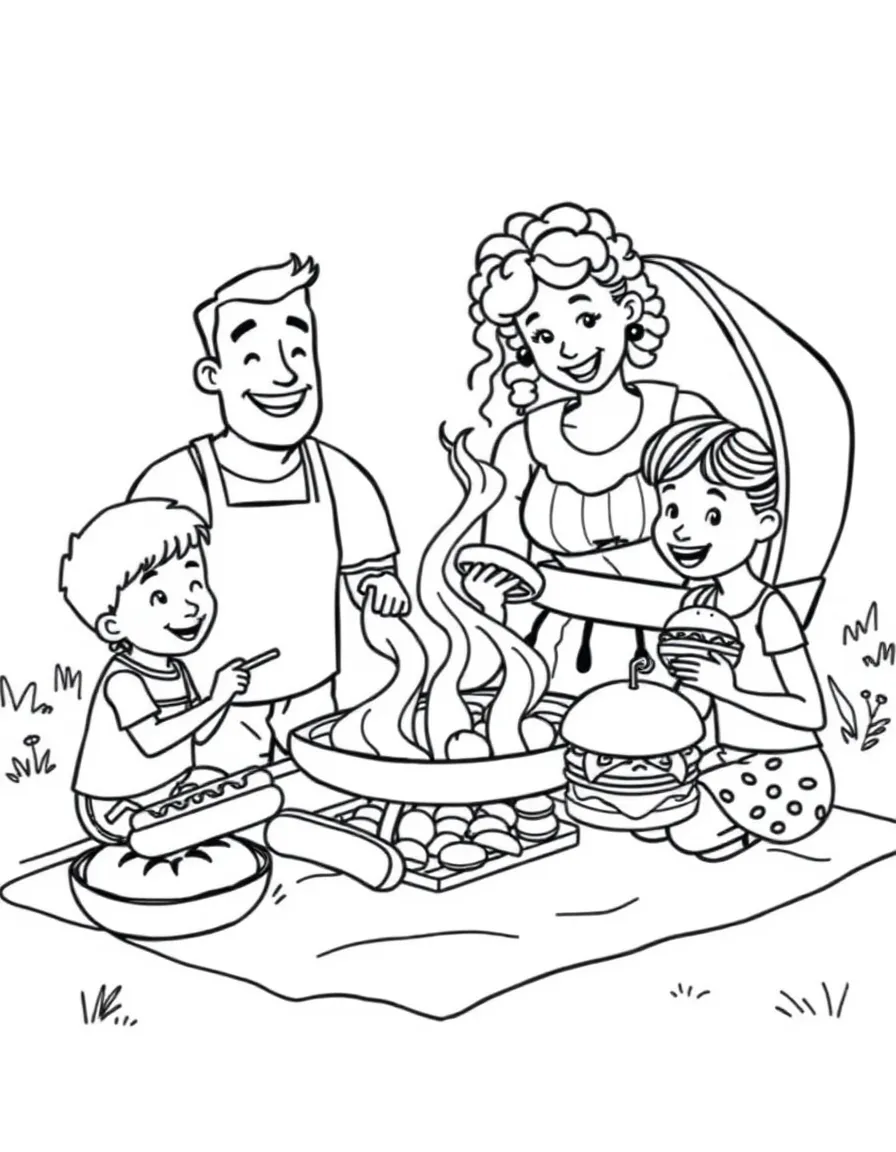 (United States) A family having a picnic barbecue with hot dogs and hamburgers