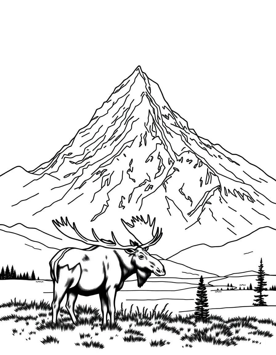 (United States) Denali (Mount McKinley) towering over an Alaskan landscape with a moose