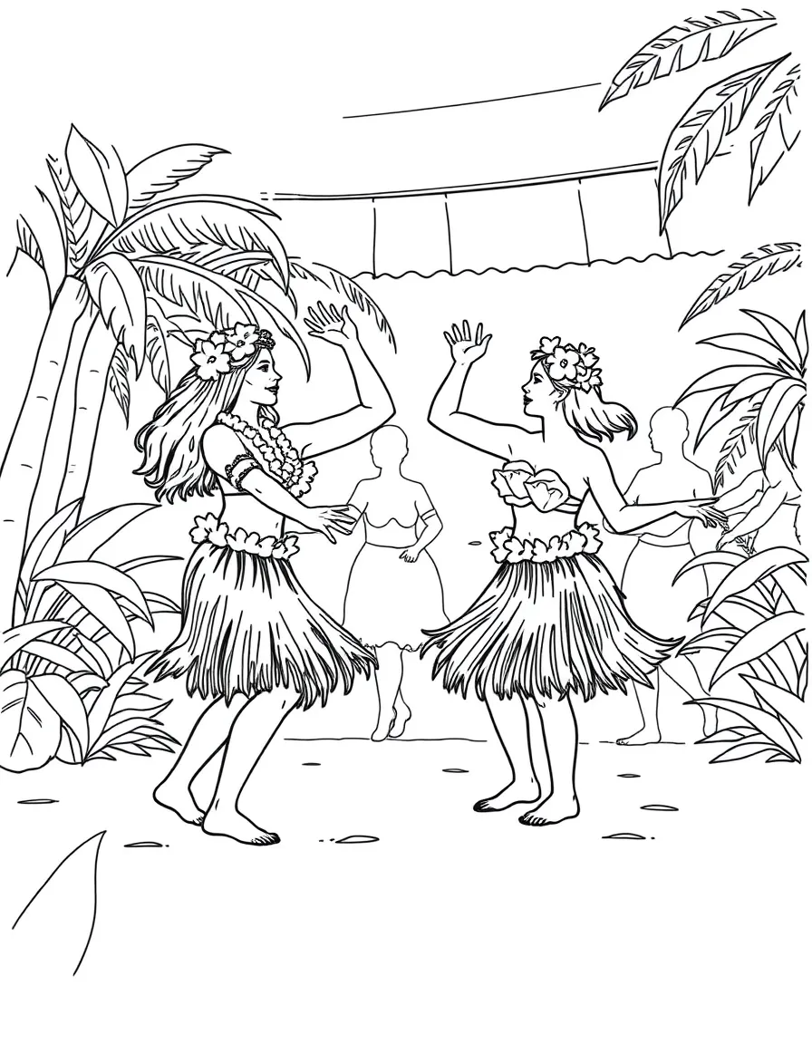 (United States) Hula dancers swaying in grass skirts at a Hawaiian luau