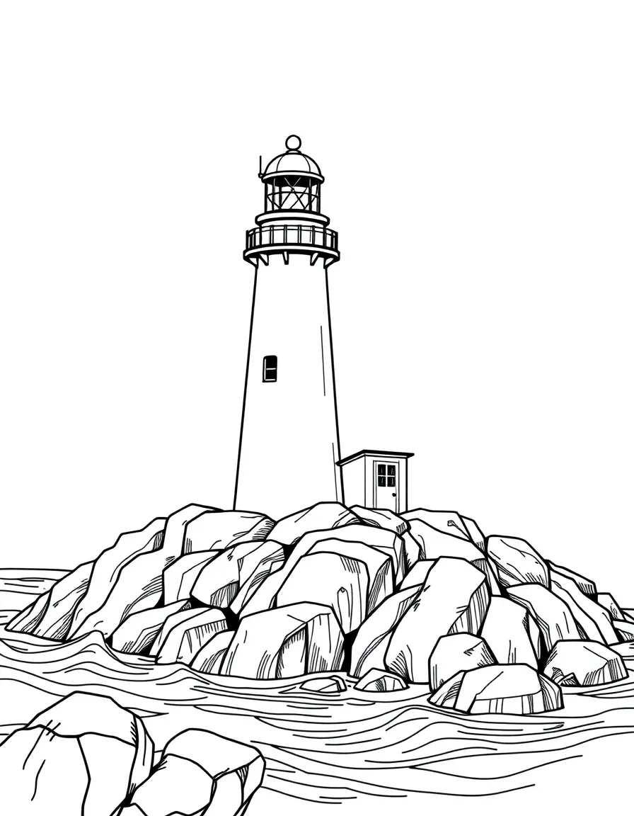 (United States) A lighthouse on a rocky New England coastline with waves