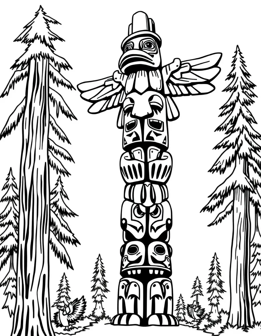 (United States) A tall totem pole carved with animal figures in the Pacific Northwest