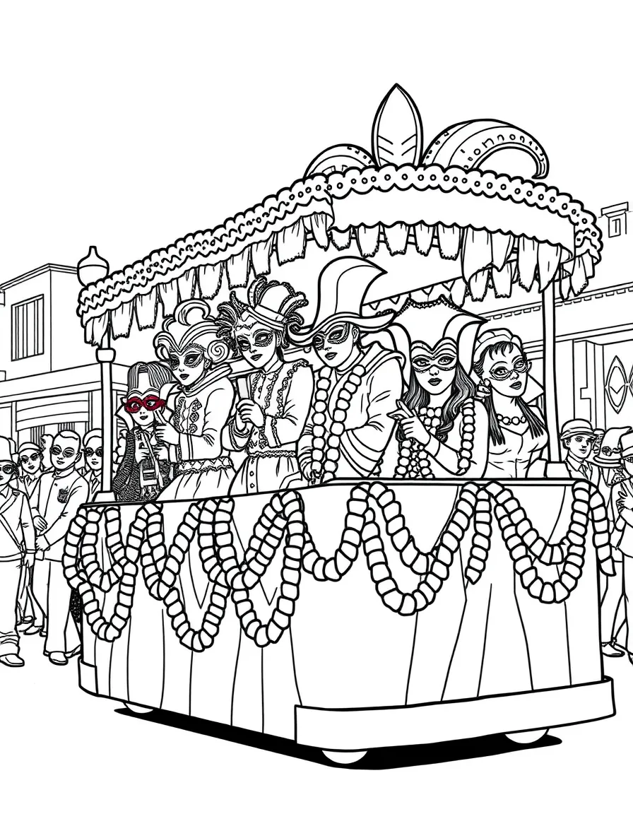 (United States) A colorful Mardi Gras parade float with people in masks and costumes