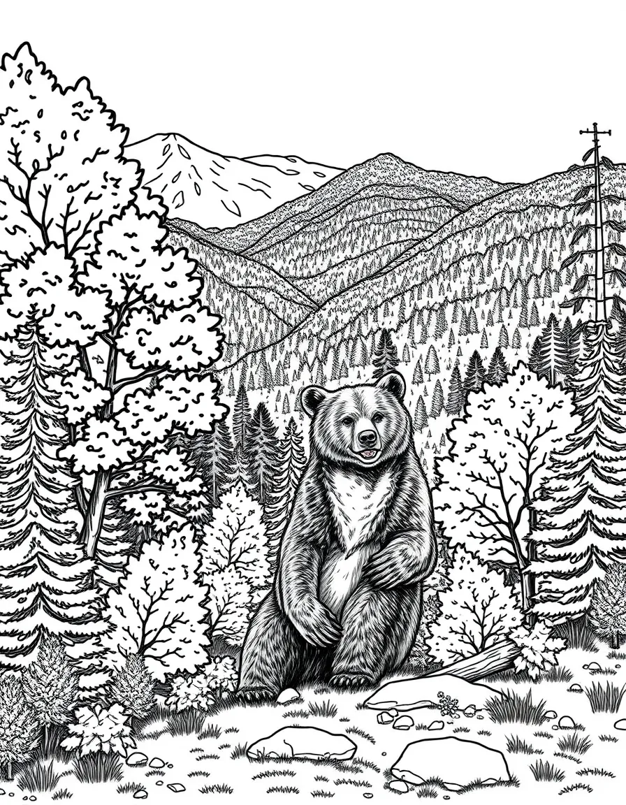 (United States) Autumn trees covering the Appalachian Mountains with a black bear nearby