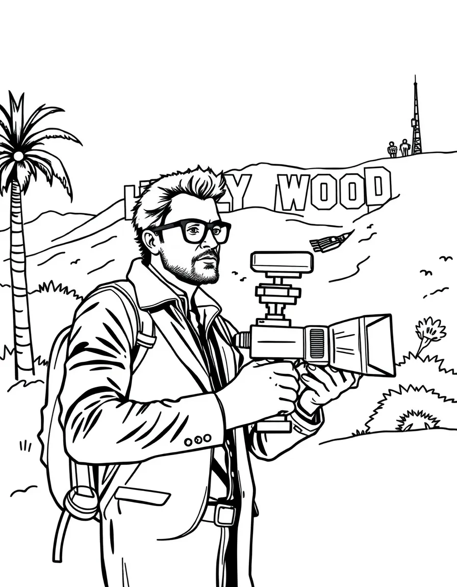 (United States) A Hollywood film director with a camera in front of the Hollywood sign