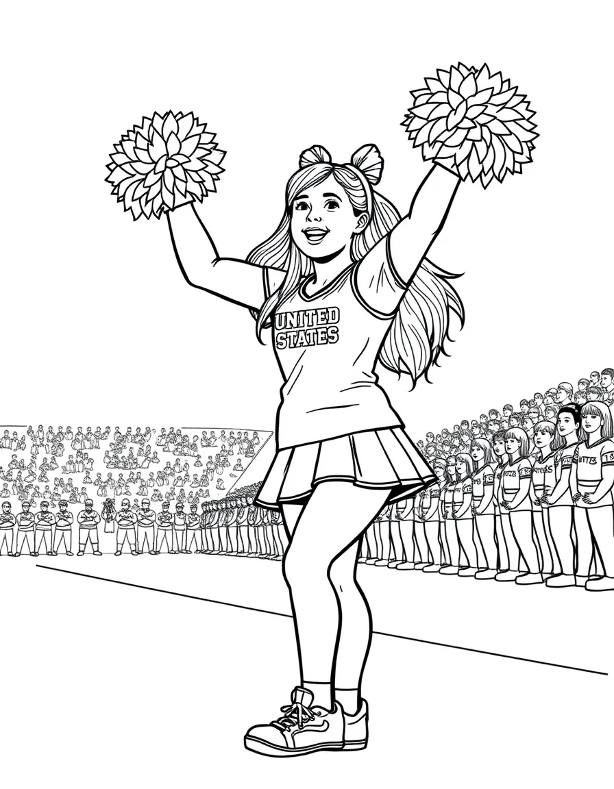 (United States) A cheerleader with pom-poms leading a cheer on the sidelines