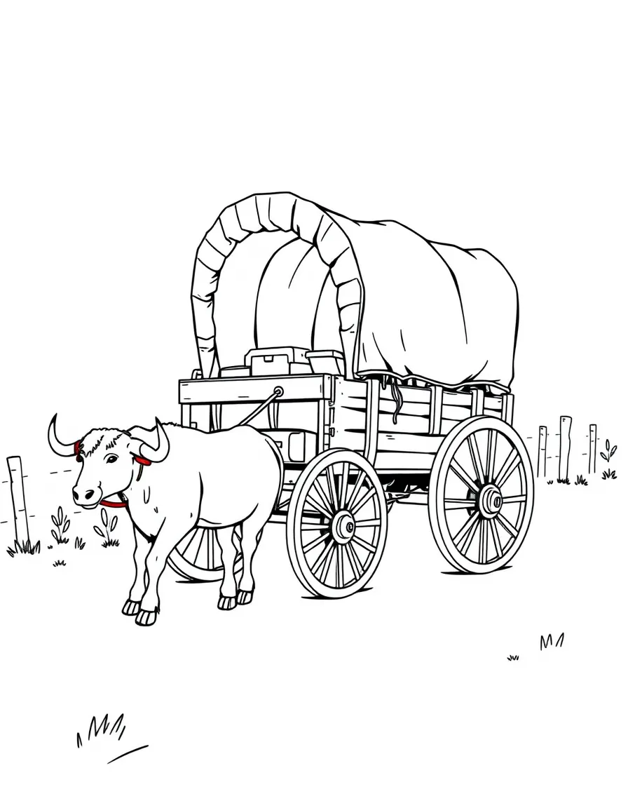 (United States) A covered wagon on the Oregon Trail being pulled by oxen