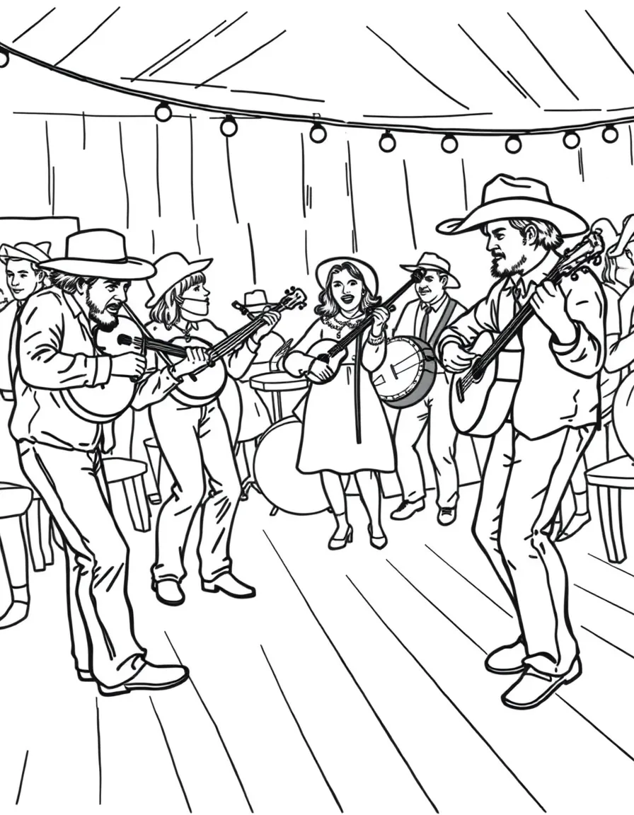 (United States) A country music band playing fiddles and banjos at a barn dance