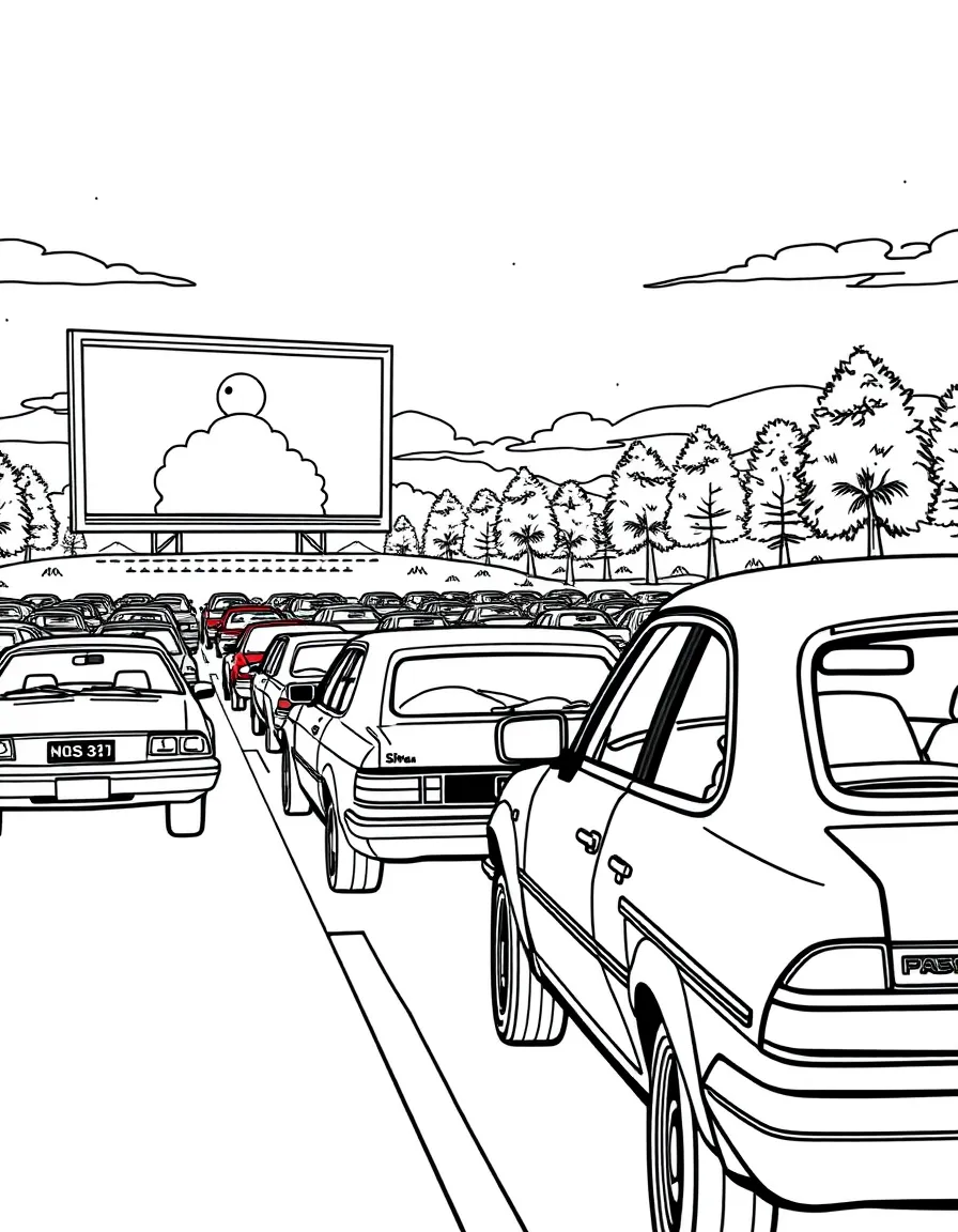 (United States) Cars lined up at a drive-in movie theater watching a film