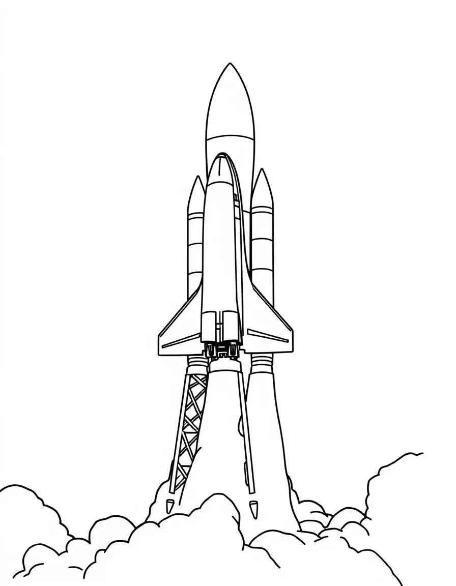 (United States) A space shuttle blasting off from a launch pad into the sky