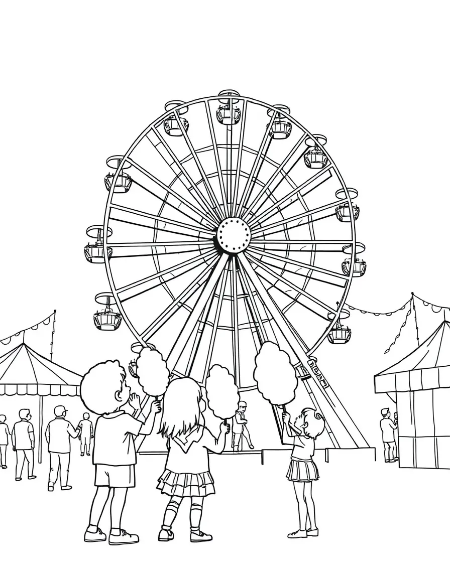 (United States) A county fair with a Ferris wheel and kids eating cotton candy