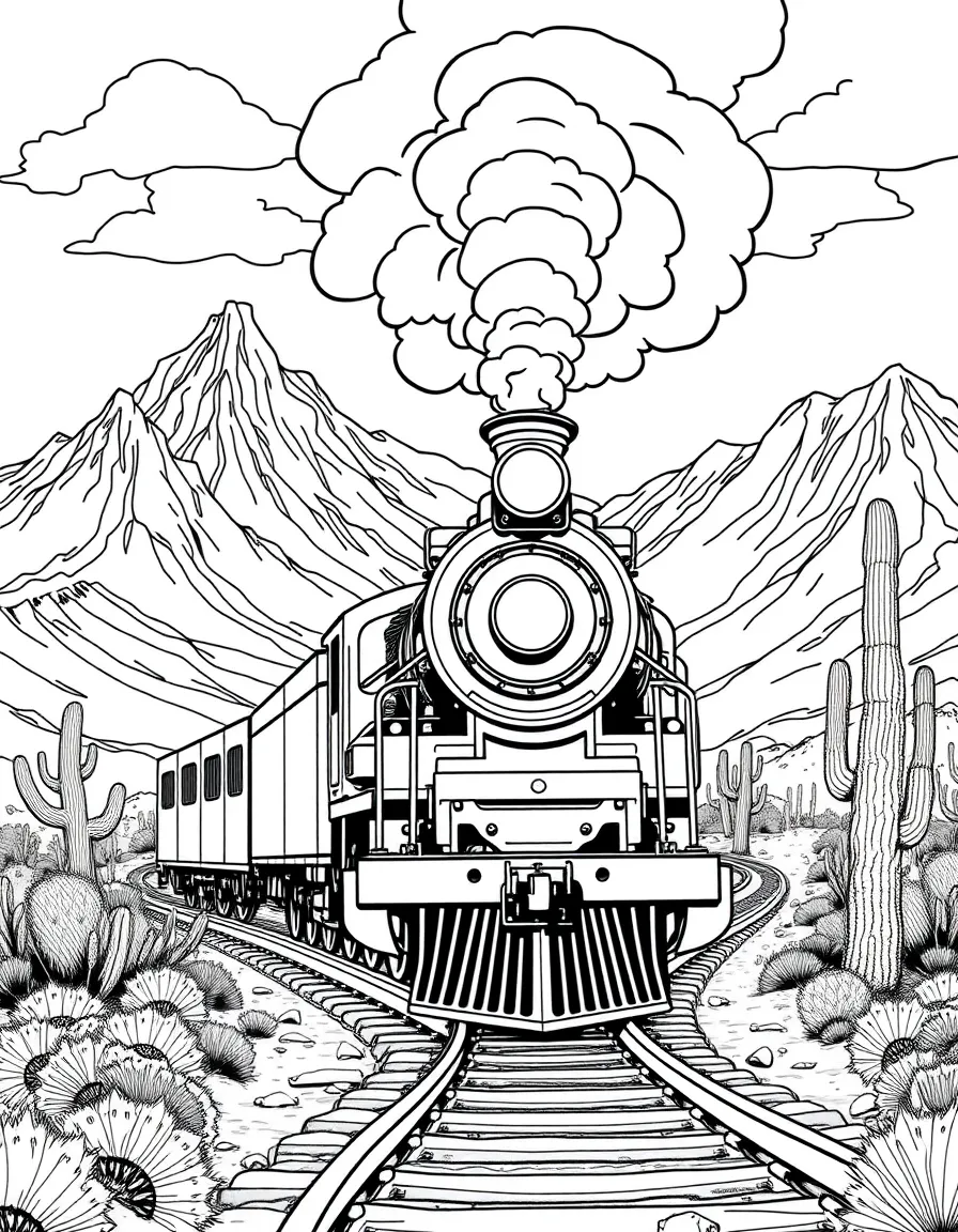 (United States) An old-fashioned steam locomotive chugging through the Wild West past mountains and cacti