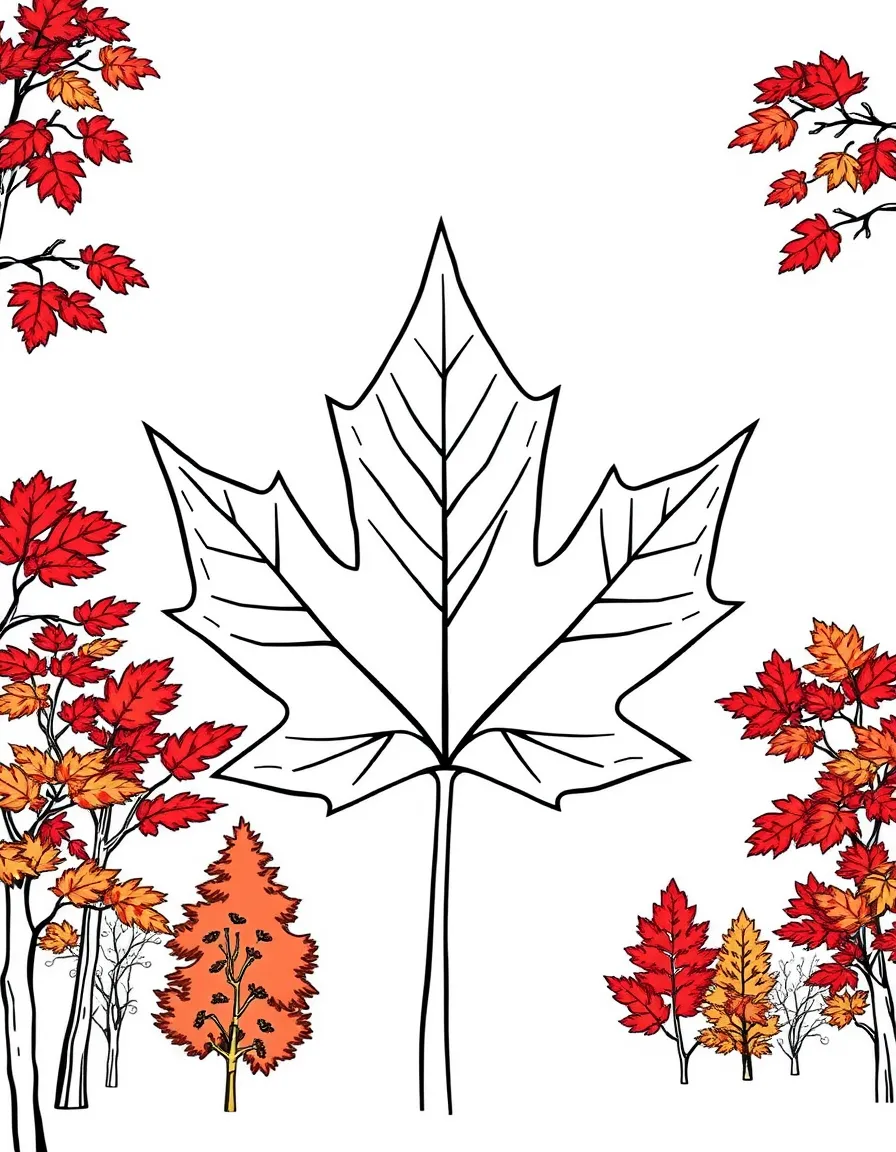 (Canada) A maple leaf and maple trees with leaves turning red and orange in autumn