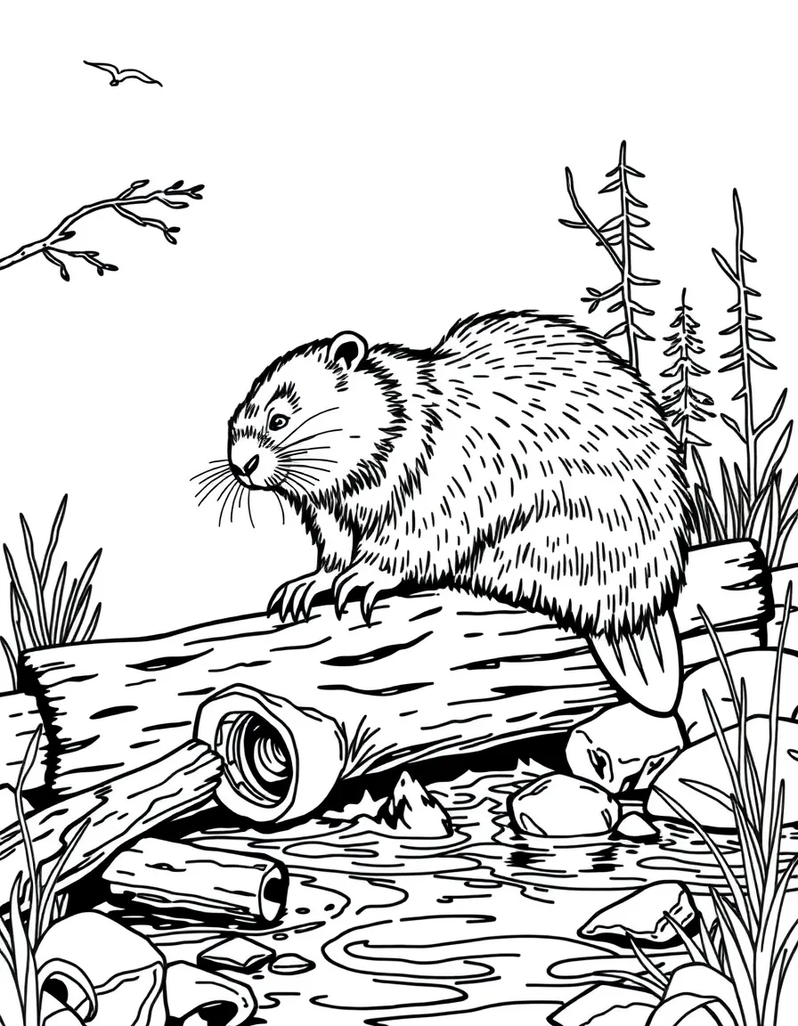 (Canada) A beaver building a dam with logs in a stream