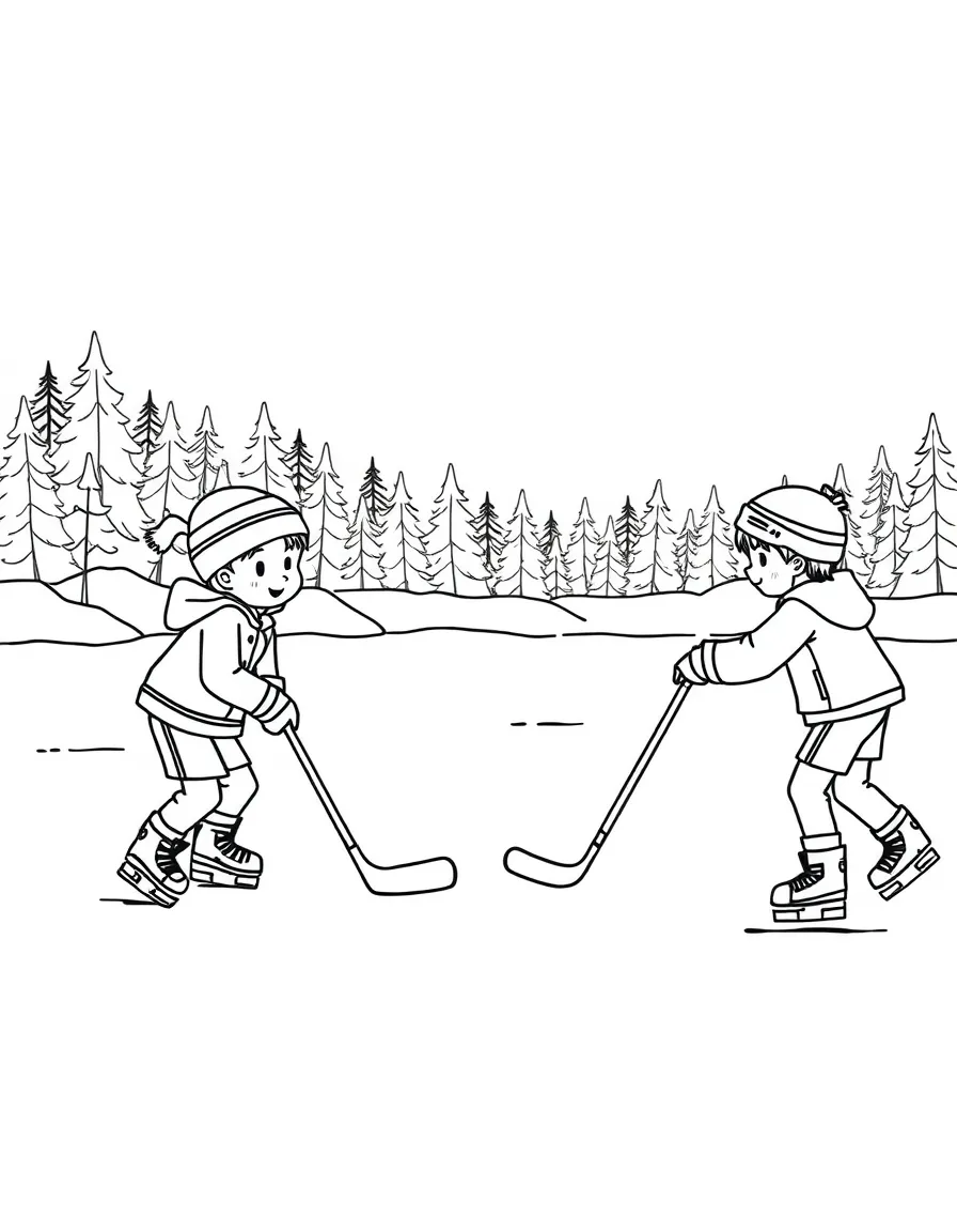 (Canada) Children playing ice hockey on a frozen pond