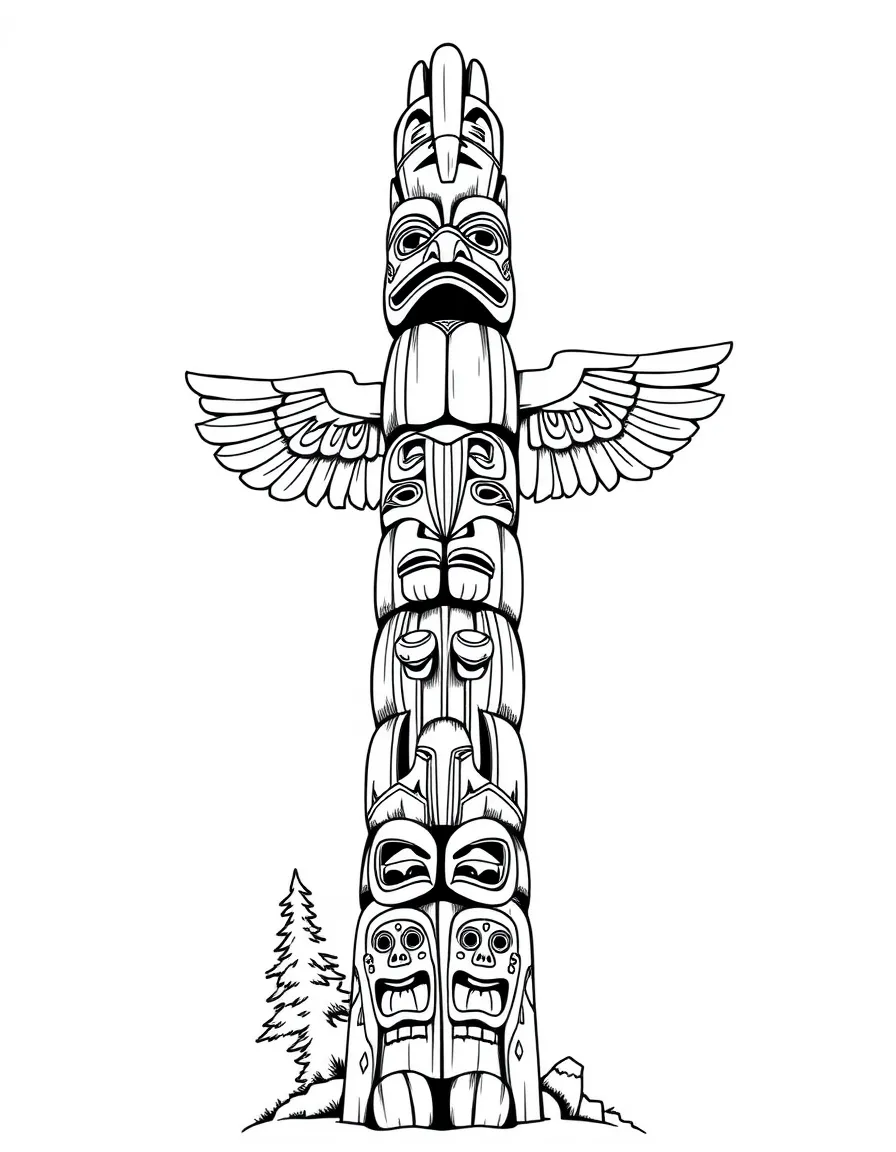 (Canada) A tall totem pole carved with animal spirits on the Pacific coast