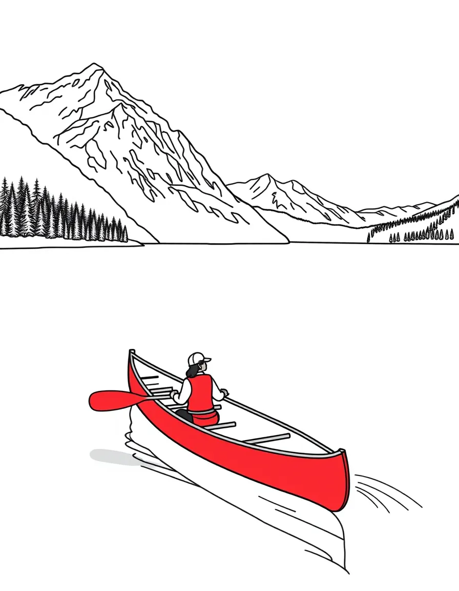 (Canada) A red canoe paddling on a calm lake in a national park with mountains