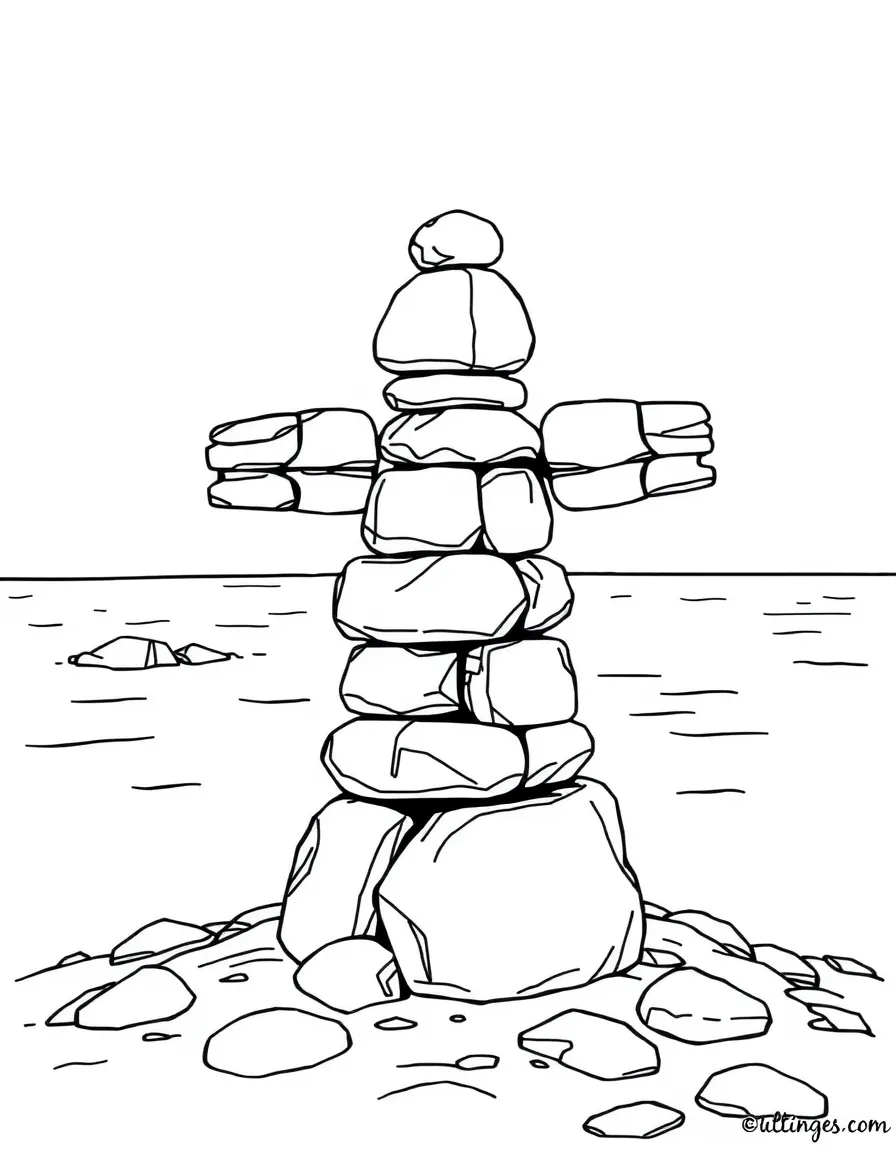 (Canada) An inukshuk (stone cairn figure) built by the shore