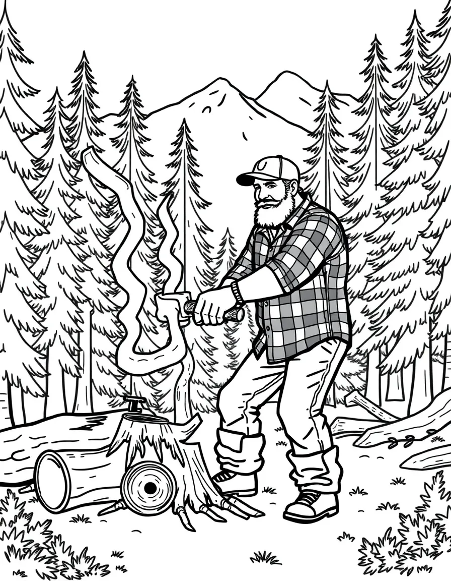 (Canada) A lumberjack in a plaid shirt chopping wood in a forest