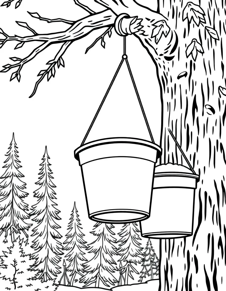 (Canada) Buckets hanging from maple trees to collect sap for maple syrup